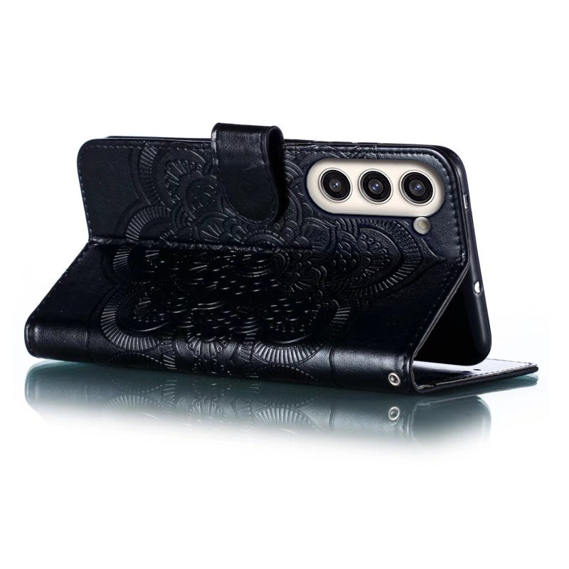 Uniqkart for Samsung Galaxy S23+ Imprinting Mandala Flower Phone Cover Flip PU Leather Stand Protective Case - Black