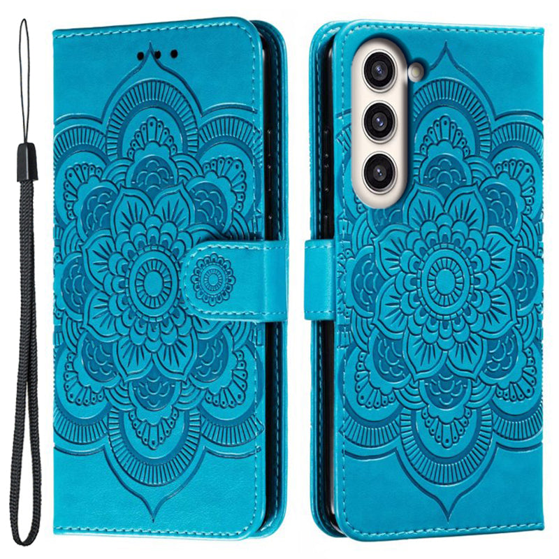Uniqkart for Samsung Galaxy S23+ Imprinting Mandala Flower Phone Cover Flip PU Leather Stand Protective Case - Blue