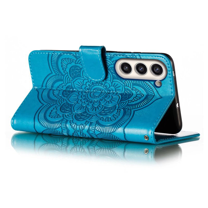 Uniqkart for Samsung Galaxy S23+ Imprinting Mandala Flower Phone Cover Flip PU Leather Stand Protective Case - Blue