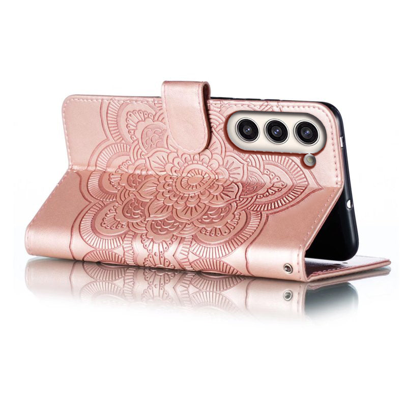 Uniqkart for Samsung Galaxy S23+ Imprinting Mandala Flower Phone Cover Flip PU Leather Stand Protective Case - Rose Gold