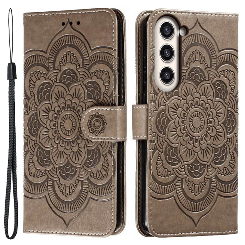 Uniqkart for Samsung Galaxy S23+ Imprinting Mandala Flower Phone Cover Flip PU Leather Stand Protective Case - Grey