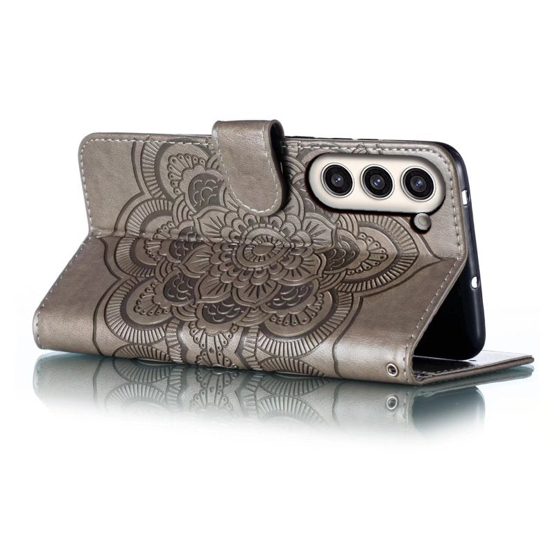 Uniqkart for Samsung Galaxy S23+ Imprinting Mandala Flower Phone Cover Flip PU Leather Stand Protective Case - Grey
