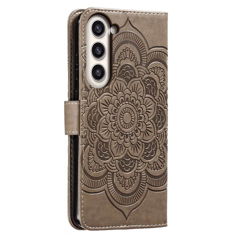 Uniqkart for Samsung Galaxy S23+ Imprinting Mandala Flower Phone Cover Flip PU Leather Stand Protective Case - Grey