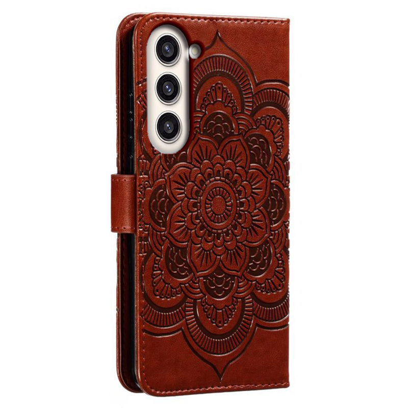 Uniqkart for Samsung Galaxy S23+ Imprinting Mandala Flower Phone Cover Flip PU Leather Stand Protective Case - Brown