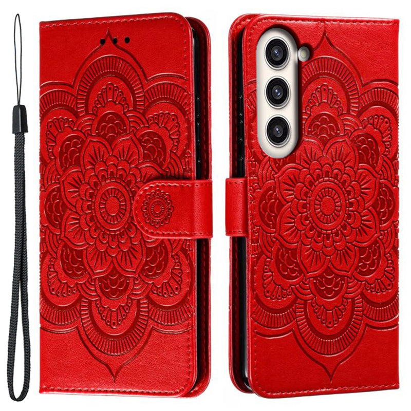 Uniqkart for Samsung Galaxy S23+ Imprinting Mandala Flower Phone Cover Flip PU Leather Stand Protective Case - Red