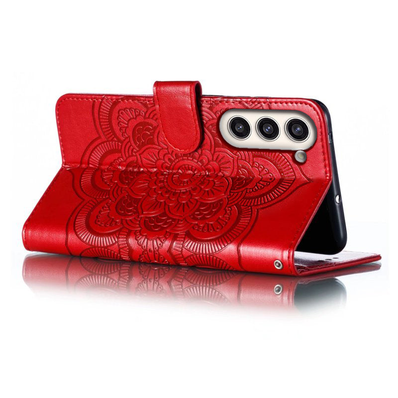 Uniqkart for Samsung Galaxy S23+ Imprinting Mandala Flower Phone Cover Flip PU Leather Stand Protective Case - Red