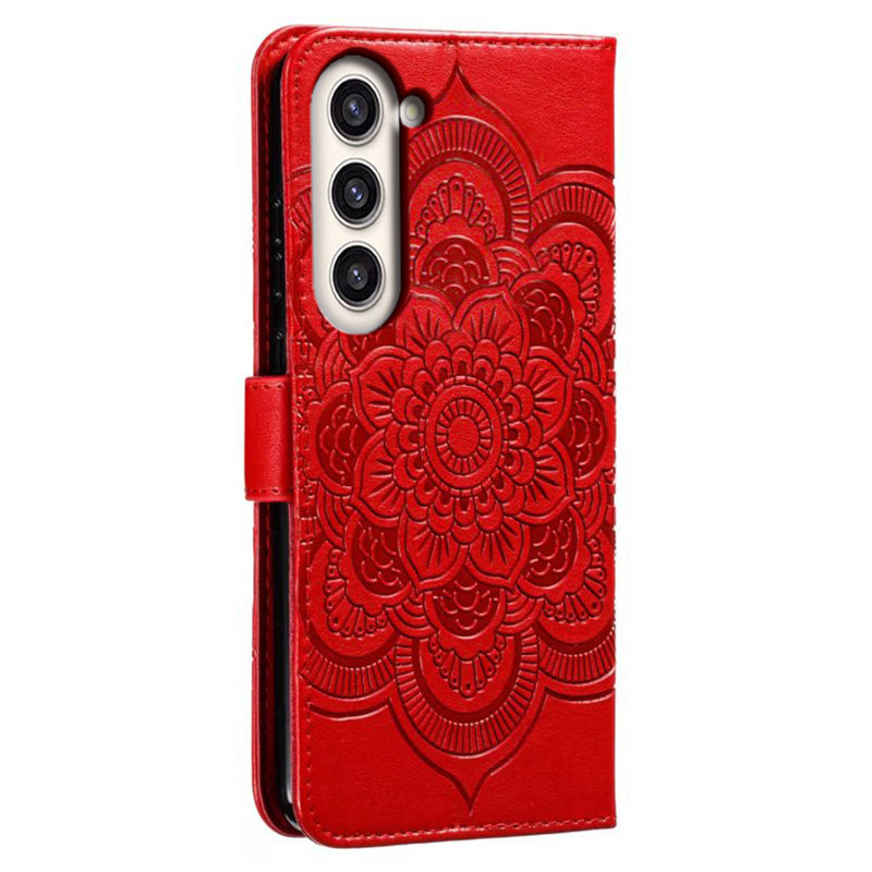 Uniqkart for Samsung Galaxy S23+ Imprinting Mandala Flower Phone Cover Flip PU Leather Stand Protective Case - Red