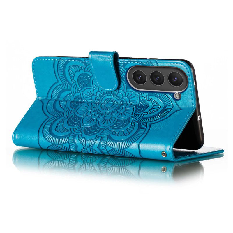 Uniqkart for Samsung Galaxy S23 PU Leather+TPU Phone Cover Imprinting Mandala Flower Flip Stand Cell Phone Case - Blue