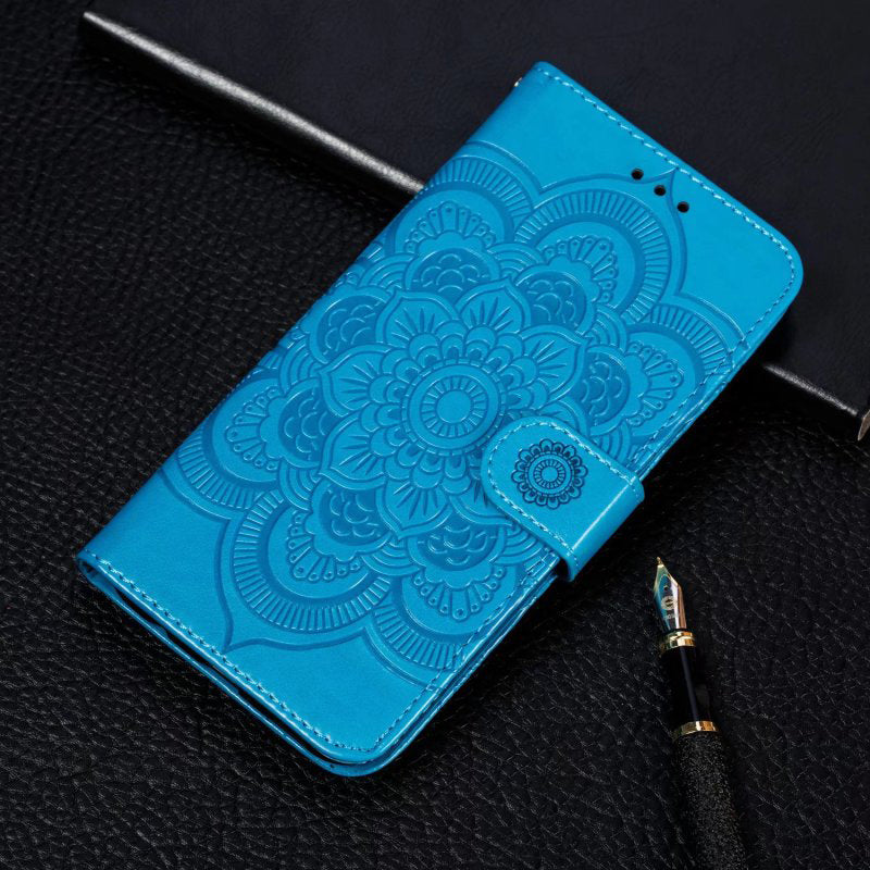 Uniqkart for Samsung Galaxy S23 PU Leather+TPU Phone Cover Imprinting Mandala Flower Flip Stand Cell Phone Case - Blue