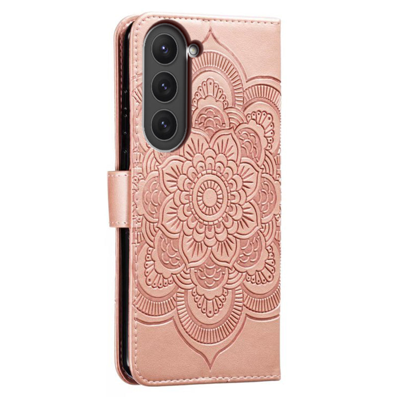 Uniqkart for Samsung Galaxy S23 PU Leather+TPU Phone Cover Imprinting Mandala Flower Flip Stand Cell Phone Case - Rose Gold