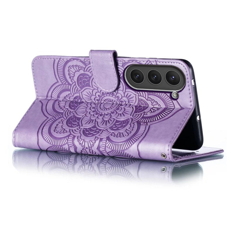 Uniqkart for Samsung Galaxy S23 PU Leather+TPU Phone Cover Imprinting Mandala Flower Flip Stand Cell Phone Case - Purple