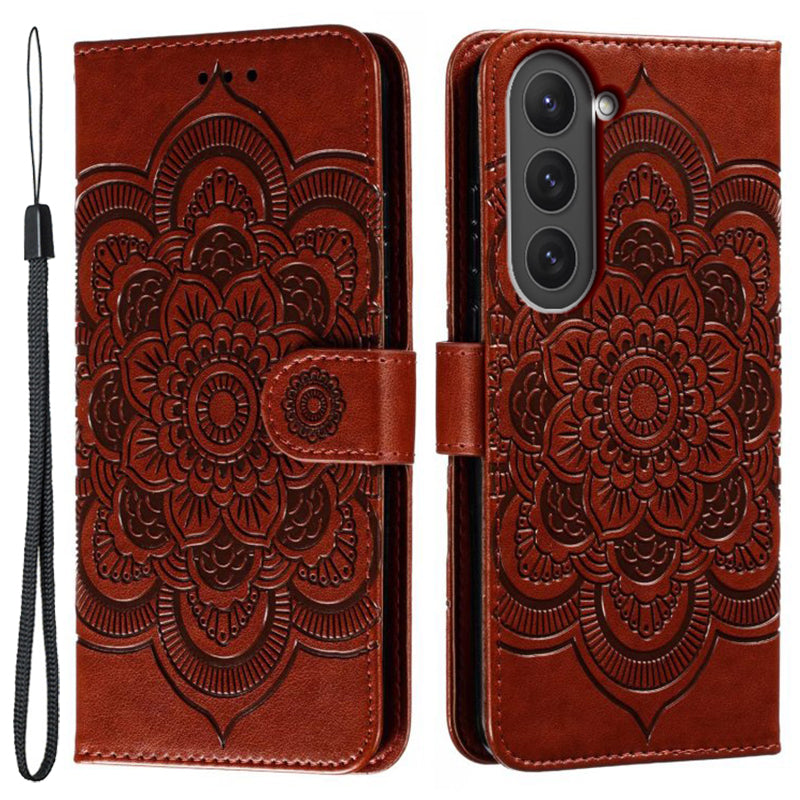 Uniqkart for Samsung Galaxy S23 PU Leather+TPU Phone Cover Imprinting Mandala Flower Flip Stand Cell Phone Case - Brown