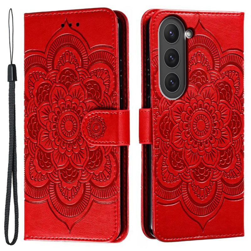 Uniqkart for Samsung Galaxy S23 PU Leather+TPU Phone Cover Imprinting Mandala Flower Flip Stand Cell Phone Case - Red