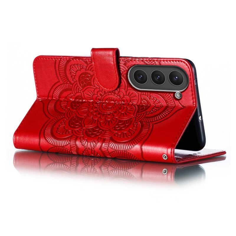 Uniqkart for Samsung Galaxy S23 PU Leather+TPU Phone Cover Imprinting Mandala Flower Flip Stand Cell Phone Case - Red