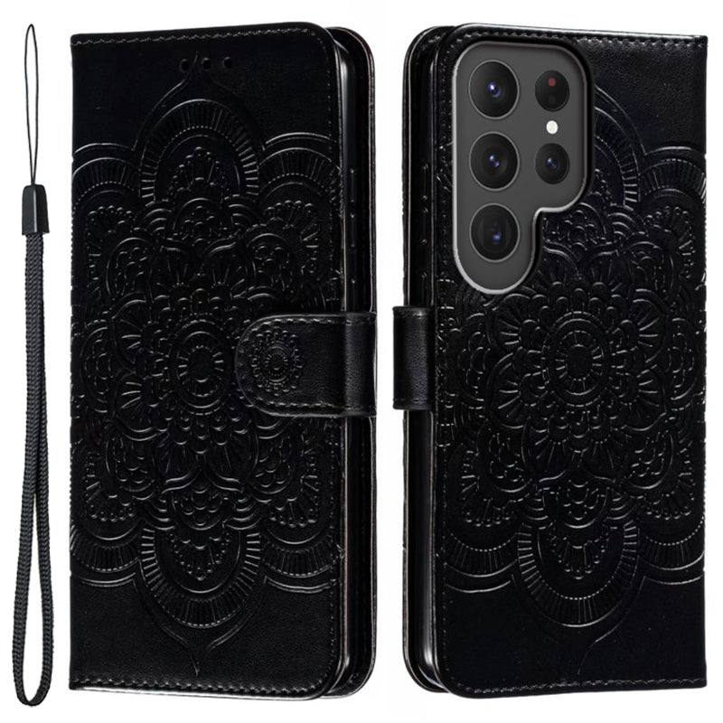 Phone Shell Case For Samsung Galaxy S23 Ultra , Imprinting Mandala Flower Flip PU Leather Stand Protective Cover - Black