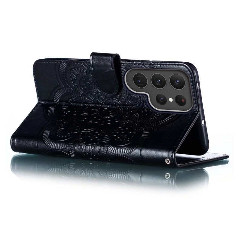 Phone Shell Case For Samsung Galaxy S23 Ultra , Imprinting Mandala Flower Flip PU Leather Stand Protective Cover - Black