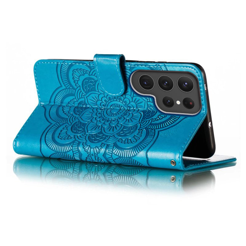 Phone Shell Case For Samsung Galaxy S23 Ultra , Imprinting Mandala Flower Flip PU Leather Stand Protective Cover - Blue