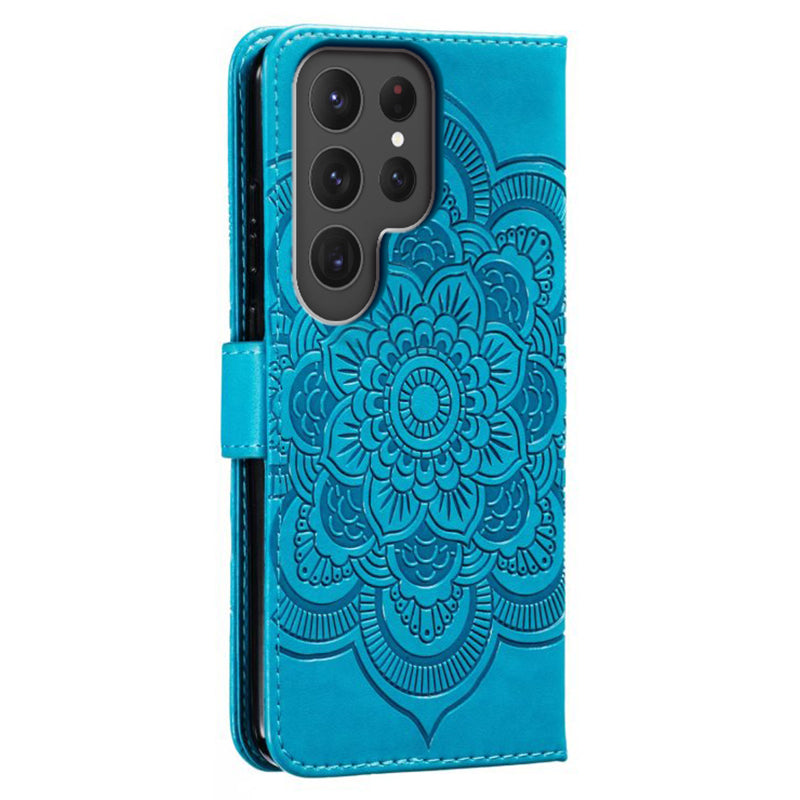 Phone Shell Case For Samsung Galaxy S23 Ultra , Imprinting Mandala Flower Flip PU Leather Stand Protective Cover - Blue