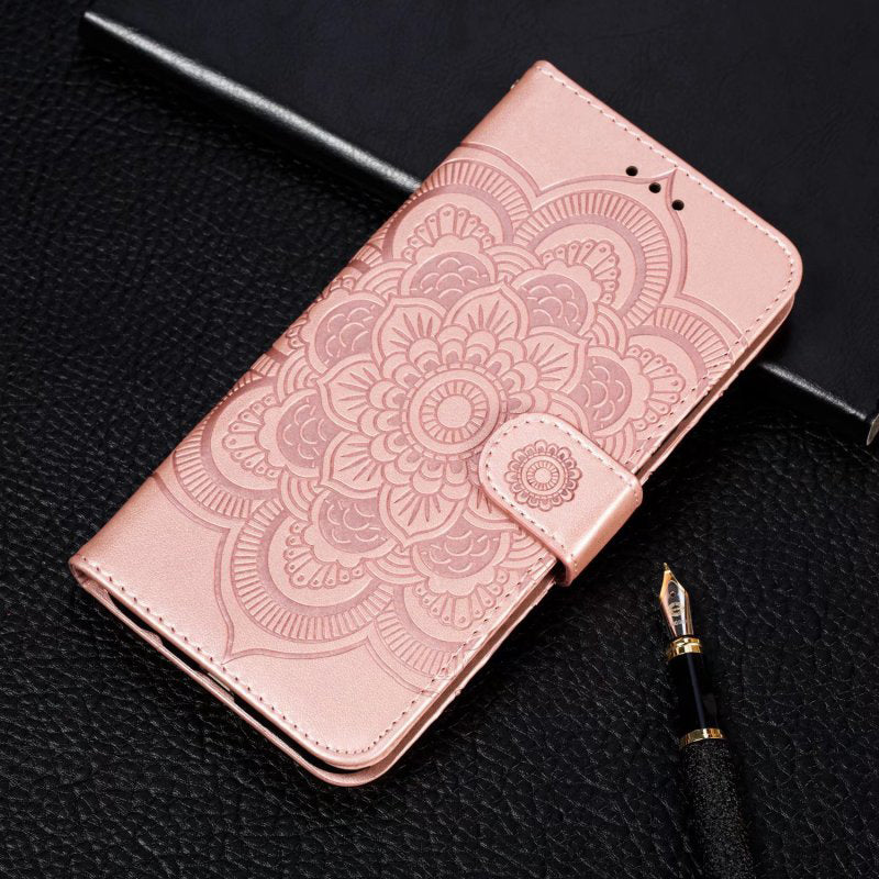 Phone Shell Case For Samsung Galaxy S23 Ultra , Imprinting Mandala Flower Flip PU Leather Stand Protective Cover - Rose Gold