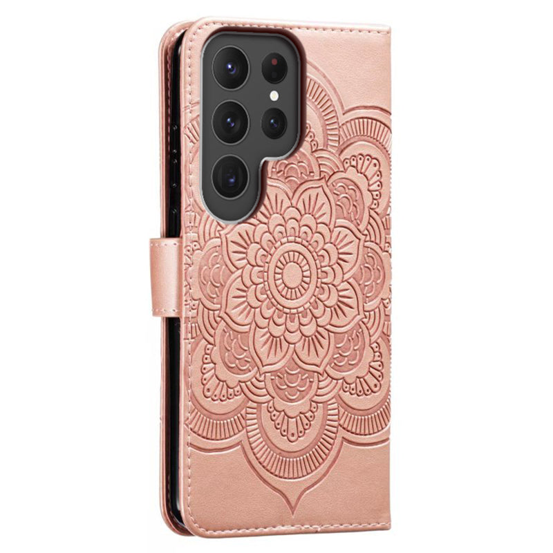 Phone Shell Case For Samsung Galaxy S23 Ultra , Imprinting Mandala Flower Flip PU Leather Stand Protective Cover - Rose Gold
