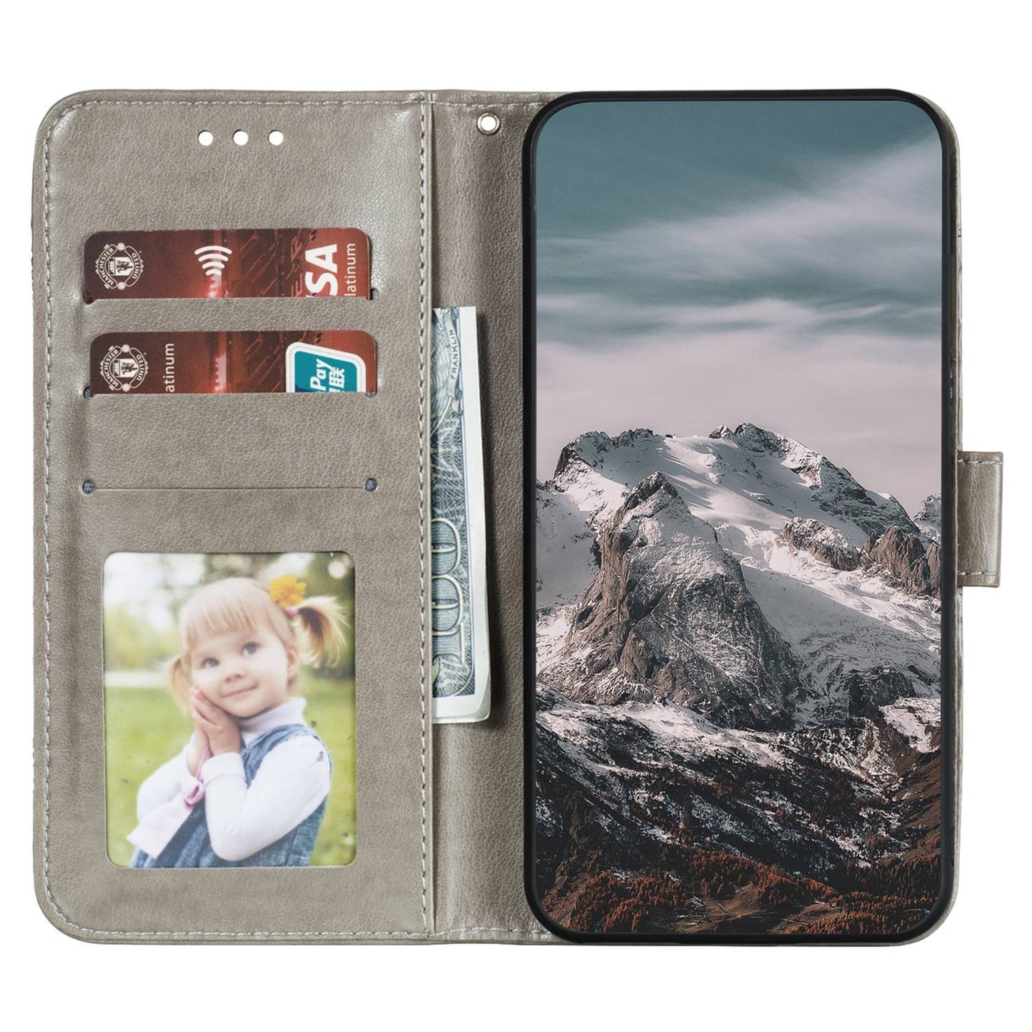 Phone Shell Case For Samsung Galaxy S23 Ultra , Imprinting Mandala Flower Flip PU Leather Stand Protective Cover - Grey
