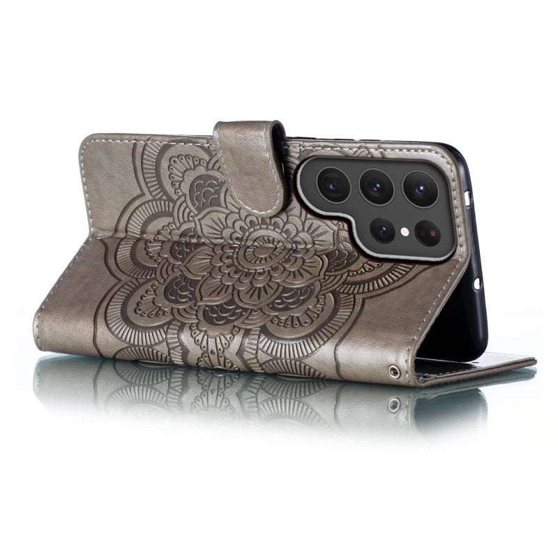 Phone Shell Case For Samsung Galaxy S23 Ultra , Imprinting Mandala Flower Flip PU Leather Stand Protective Cover - Grey