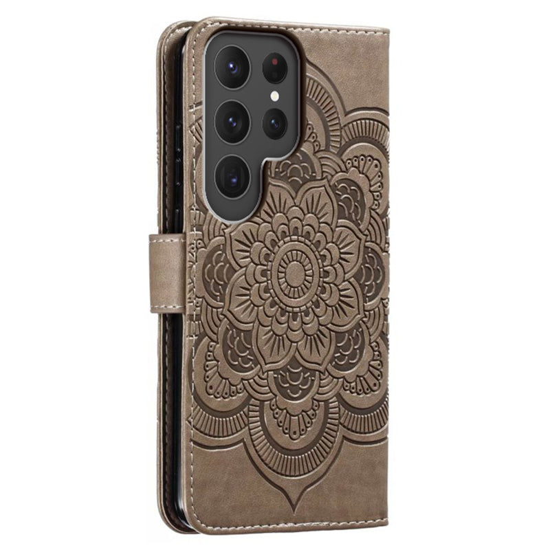 Phone Shell Case For Samsung Galaxy S23 Ultra , Imprinting Mandala Flower Flip PU Leather Stand Protective Cover - Grey