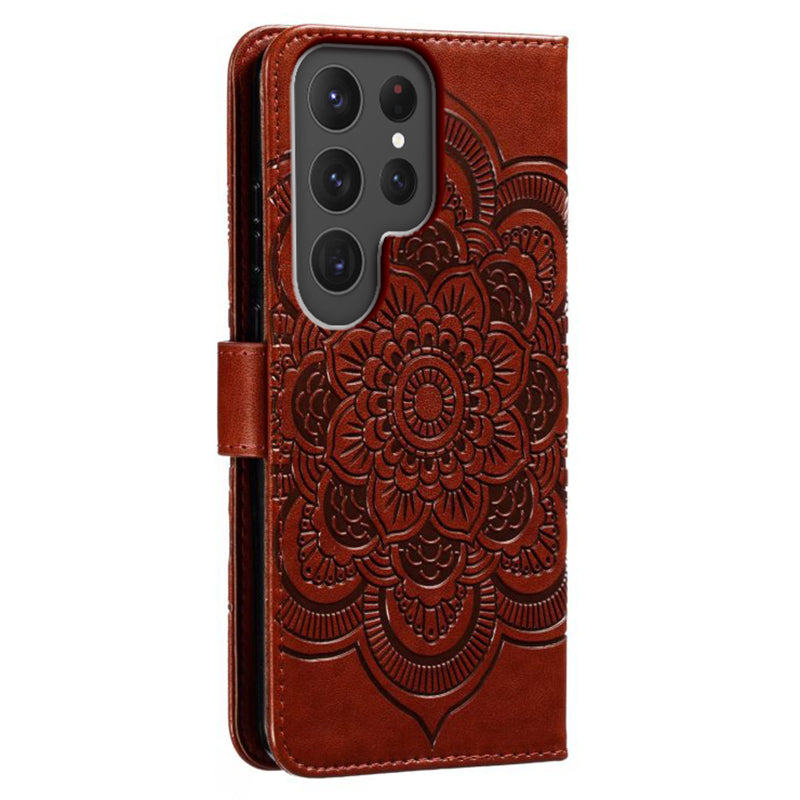 Phone Shell Case For Samsung Galaxy S23 Ultra , Imprinting Mandala Flower Flip PU Leather Stand Protective Cover - Brown