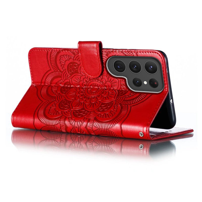 Phone Shell Case For Samsung Galaxy S23 Ultra , Imprinting Mandala Flower Flip PU Leather Stand Protective Cover - Red