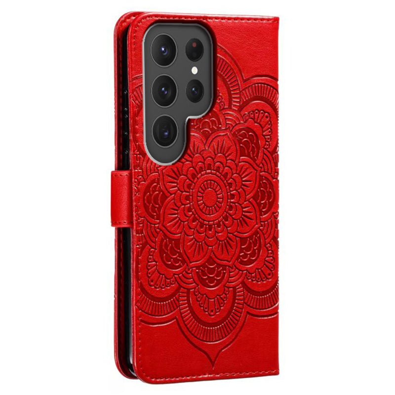 Phone Shell Case For Samsung Galaxy S23 Ultra , Imprinting Mandala Flower Flip PU Leather Stand Protective Cover - Red