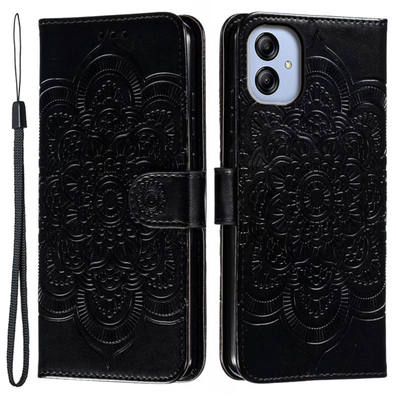Uniqkart for Samsung Galaxy A04e 4G / M04 4G / F04 4G Stand Phone Case Imprinting Mandala Flower Flip PU Leather Magnetic Protective Cover - Black
