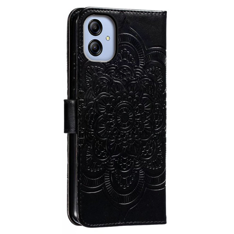 Uniqkart for Samsung Galaxy A04e 4G / M04 4G / F04 4G Stand Phone Case Imprinting Mandala Flower Flip PU Leather Magnetic Protective Cover - Black