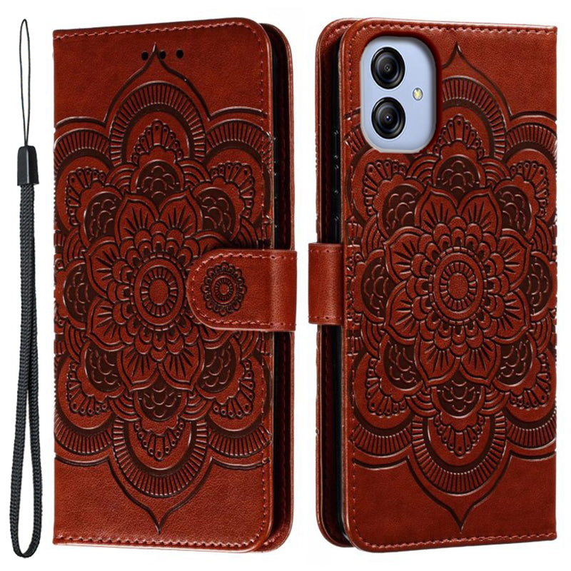 Uniqkart for Samsung Galaxy A04e 4G / M04 4G / F04 4G Stand Phone Case Imprinting Mandala Flower Flip PU Leather Magnetic Protective Cover - Brown