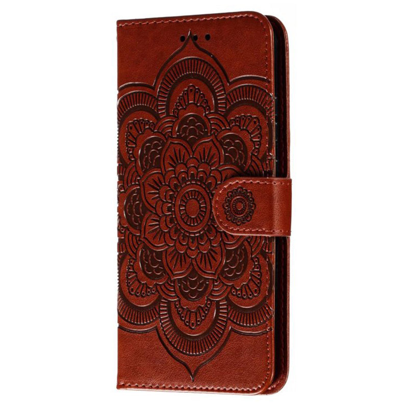 Uniqkart for Samsung Galaxy A04e 4G / M04 4G / F04 4G Stand Phone Case Imprinting Mandala Flower Flip PU Leather Magnetic Protective Cover - Brown