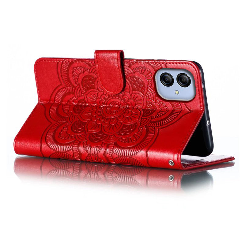 Uniqkart for Samsung Galaxy A04e 4G / M04 4G / F04 4G Stand Phone Case Imprinting Mandala Flower Flip PU Leather Magnetic Protective Cover - Red