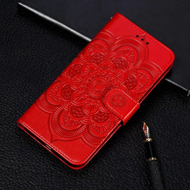 Uniqkart for Samsung Galaxy A04e 4G / M04 4G / F04 4G Stand Phone Case Imprinting Mandala Flower Flip PU Leather Magnetic Protective Cover - Red
