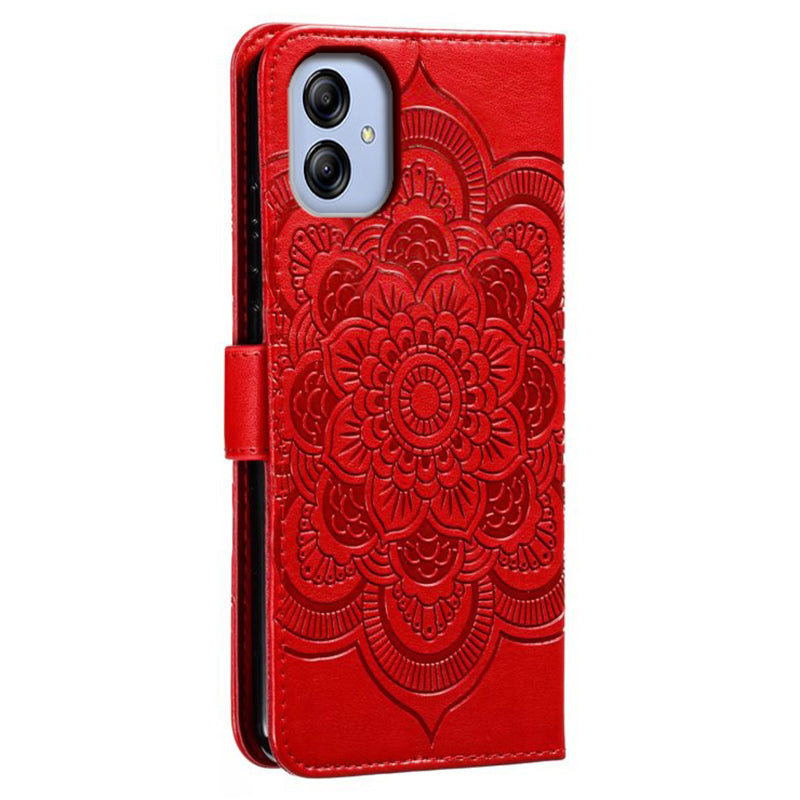Uniqkart for Samsung Galaxy A04e 4G / M04 4G / F04 4G Stand Phone Case Imprinting Mandala Flower Flip PU Leather Magnetic Protective Cover - Red