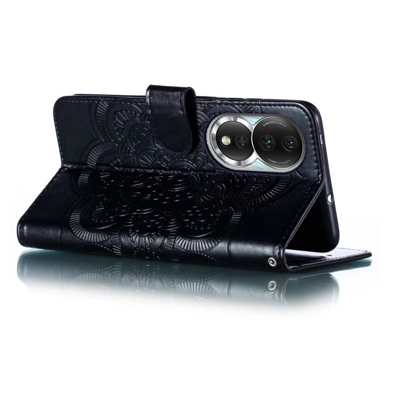 Uniqkart for Honor 80 5G Flip Phone Cover Imprinting Mandala Flower Anti-scratch PU Leather+TPU Stand Magnetic Case - Black