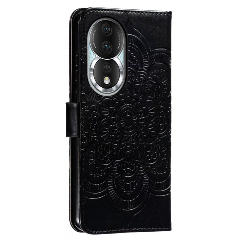 Uniqkart for Honor 80 5G Flip Phone Cover Imprinting Mandala Flower Anti-scratch PU Leather+TPU Stand Magnetic Case - Black