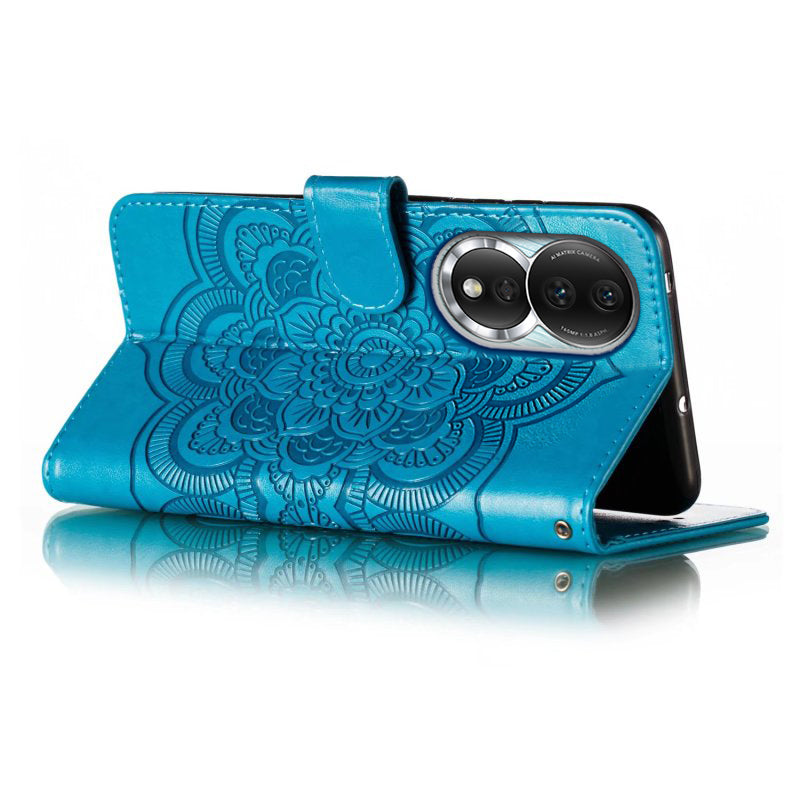 Uniqkart for Honor 80 5G Flip Phone Cover Imprinting Mandala Flower Anti-scratch PU Leather+TPU Stand Magnetic Case - Blue