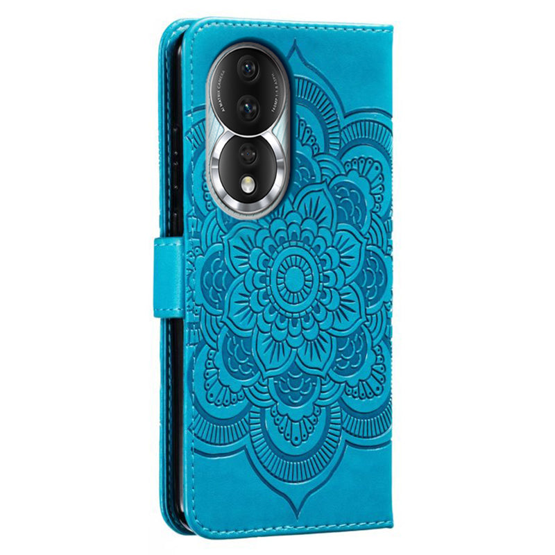 Uniqkart for Honor 80 5G Flip Phone Cover Imprinting Mandala Flower Anti-scratch PU Leather+TPU Stand Magnetic Case - Blue
