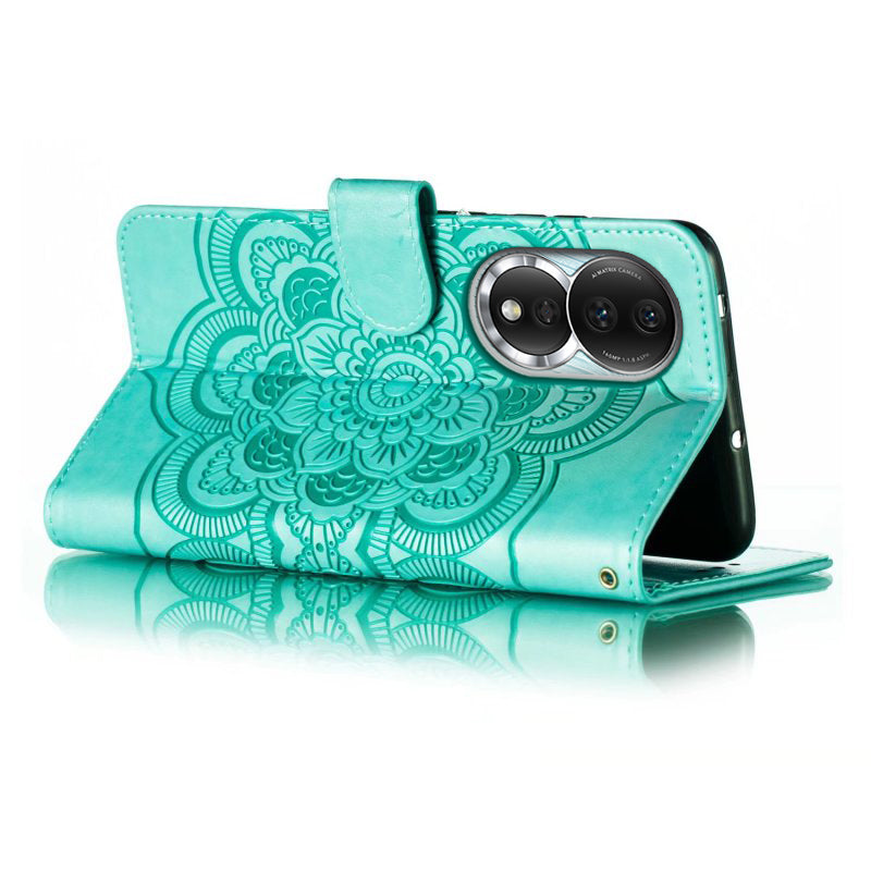 Uniqkart for Honor 80 5G Flip Phone Cover Imprinting Mandala Flower Anti-scratch PU Leather+TPU Stand Magnetic Case - Green
