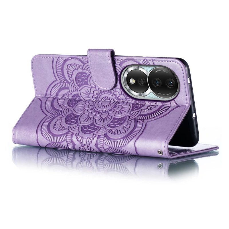 Uniqkart for Honor 80 5G Flip Phone Cover Imprinting Mandala Flower Anti-scratch PU Leather+TPU Stand Magnetic Case - Purple