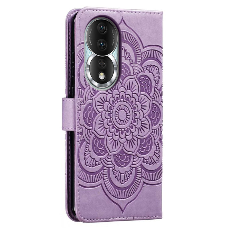 Uniqkart for Honor 80 5G Flip Phone Cover Imprinting Mandala Flower Anti-scratch PU Leather+TPU Stand Magnetic Case - Purple