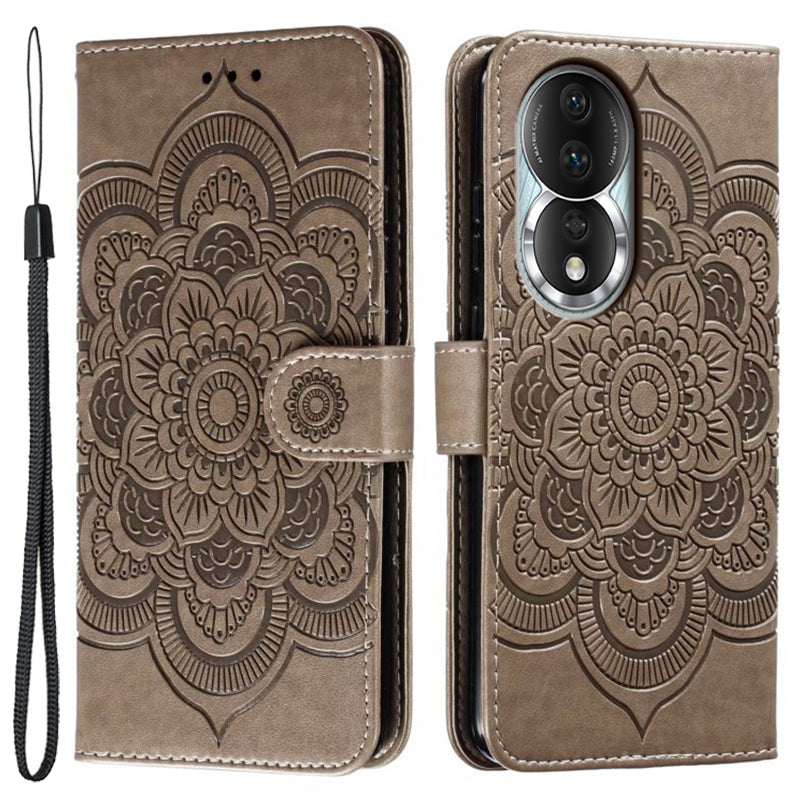 Uniqkart for Honor 80 5G Flip Phone Cover Imprinting Mandala Flower Anti-scratch PU Leather+TPU Stand Magnetic Case - Grey