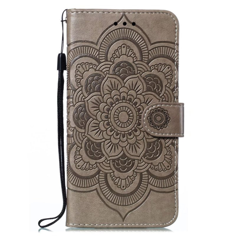 Uniqkart for Honor 80 5G Flip Phone Cover Imprinting Mandala Flower Anti-scratch PU Leather+TPU Stand Magnetic Case - Grey