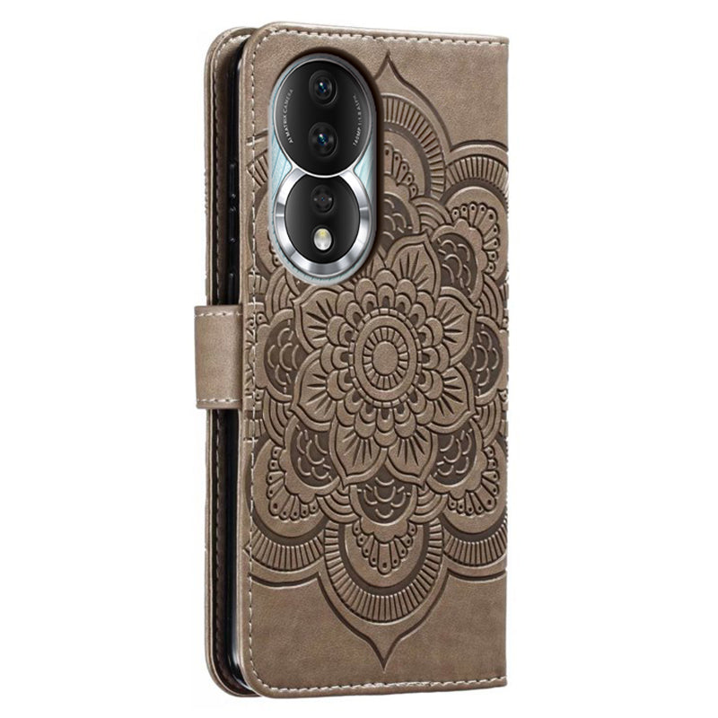 Uniqkart for Honor 80 5G Flip Phone Cover Imprinting Mandala Flower Anti-scratch PU Leather+TPU Stand Magnetic Case - Grey