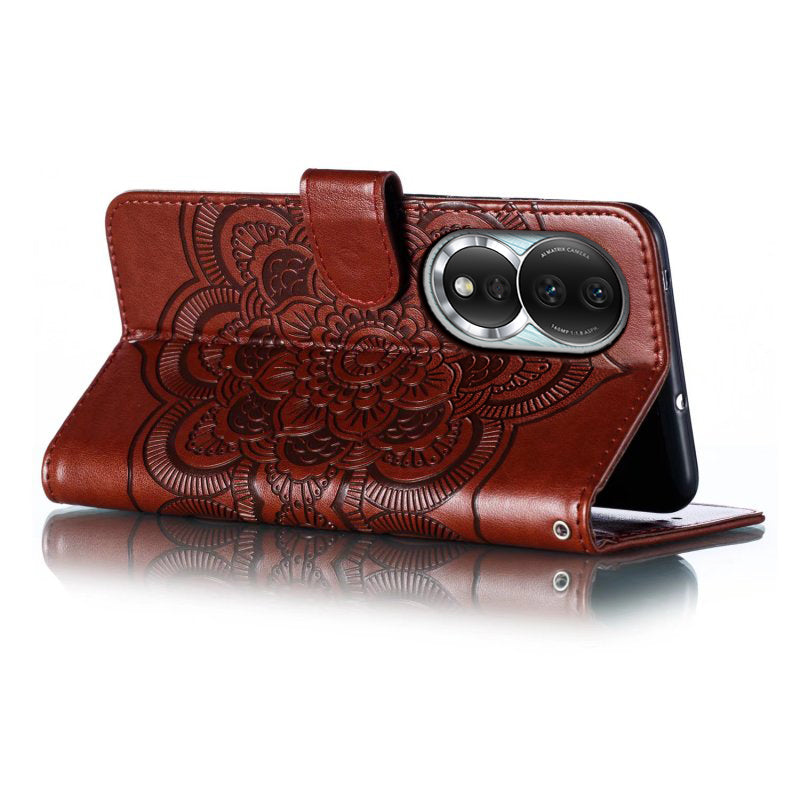Uniqkart for Honor 80 5G Flip Phone Cover Imprinting Mandala Flower Anti-scratch PU Leather+TPU Stand Magnetic Case - Brown