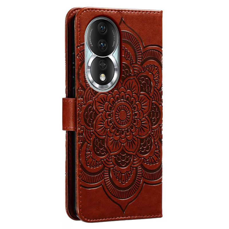 Uniqkart for Honor 80 5G Flip Phone Cover Imprinting Mandala Flower Anti-scratch PU Leather+TPU Stand Magnetic Case - Brown