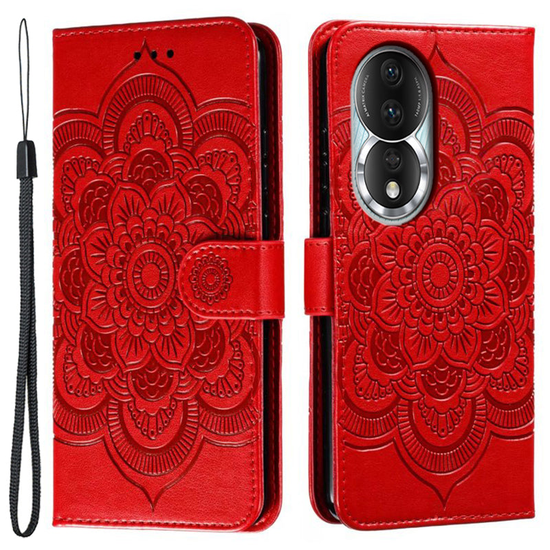 Uniqkart for Honor 80 5G Flip Phone Cover Imprinting Mandala Flower Anti-scratch PU Leather+TPU Stand Magnetic Case - Red